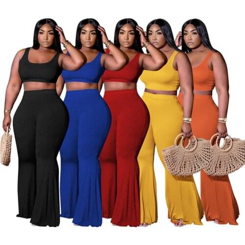 Summer Women Solid Color 2 Pieces Basic Outfits Ribbed Sleeveless Top Short Tank Tops Elastic Flare Pants Long Pants Casual Sets