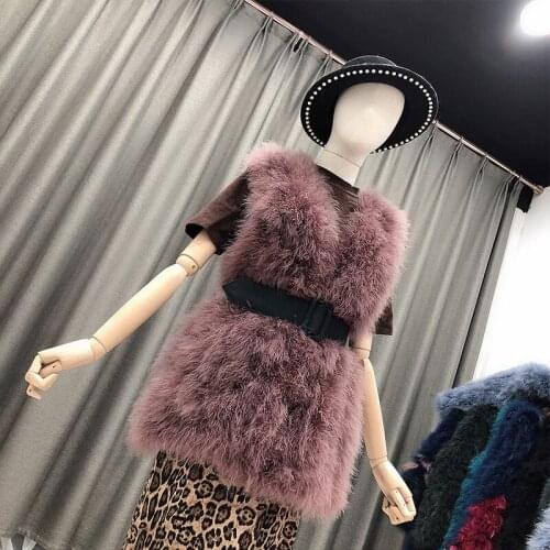 Real genuine natural ostrich fox Fur vest Womens fashion Jacket gilet 70CM length