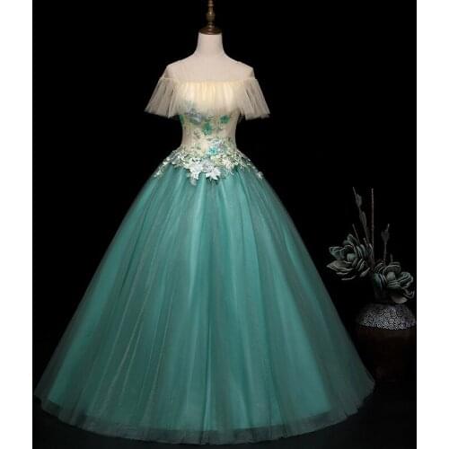 Evening Dress Lace V-Neck Flowers Embroidery Ball Gown Sequins Ruffles Short Sleeves Floor-Length Party Formal Woman B557