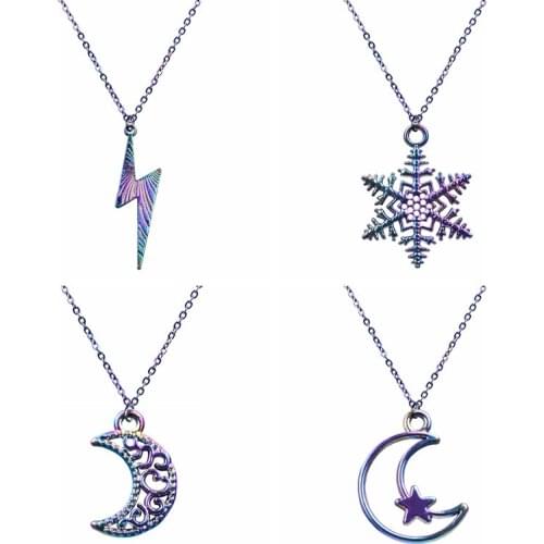 2021 Rainbow Necklaces For Women Jewelry Moon Lightning Pendant Snow Necklace Chain On The Neck Hip Hop Vintage Female Collares