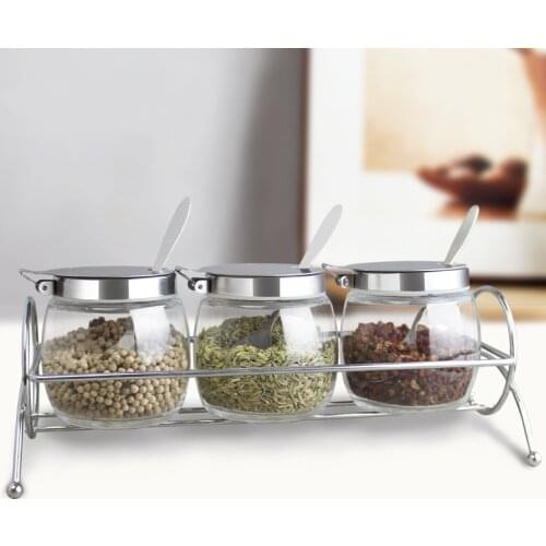 3PCS Clear Glass Spice Jar Salt Pepper Shaker Canister Seasoning Bottle Kitchen Saltcellar Storage Spice Rack Set