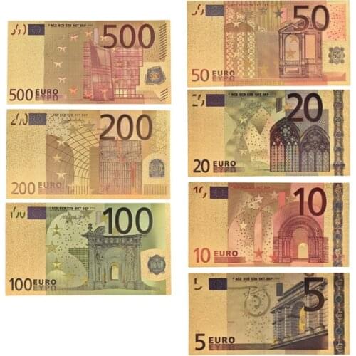 7Pcs 5 10 20 50 100 200 500 EUR Gold Banknotes in 24K Gold Fake Paper Money for Collection Euro Banknote Sets