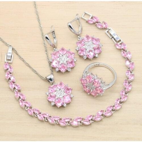 AAA Pink Cubic Zircon Silver Color Jewelry Sets For Women Wedding Earrings Pendant Necklace Bracelet Ring Birthday Gift 4PCS