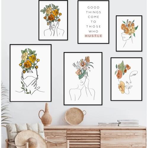 Abstract Line Flower Woman Face Quotes Wall Art Canvas Painting Nordic Posters And Prints Wall Pictures For Living Room Decor