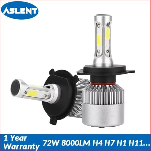 Aslent 2X S2 H4 LED H7 H11 H8 H9 9006 HB4 H1 H3 HB3 9005 9006 Car Headlight Bulbs Lamp Auto Fog Lights 72W 8000lm 6500K 12V 24V