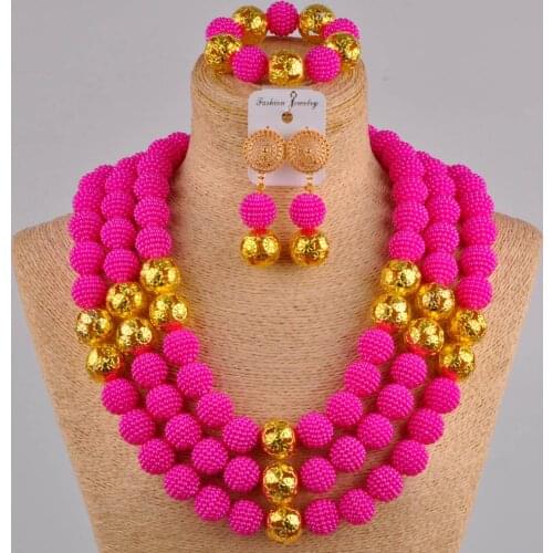 Fuchsia pink 24 inches long necklace african beads jewelry set simulated pearl nigerian wedding sets accessories FZZ22