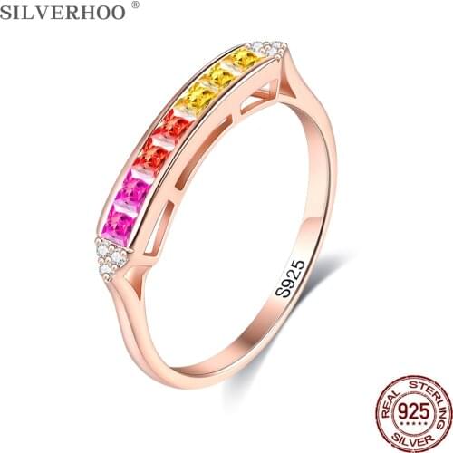 SILVERHOO Round Rings For Women S925 Sterling Silver 4 Color Cubic Zirconia Hollow Rings Anniversary Gift to Wife Fine Jewelry