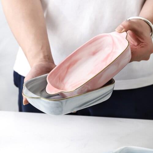 Japanese-style Marbled Ceramic Binaural Deep Mouth Western Food Plate Home Pink Phnom Penh Baked Cheese Plate Kitchen Tableware