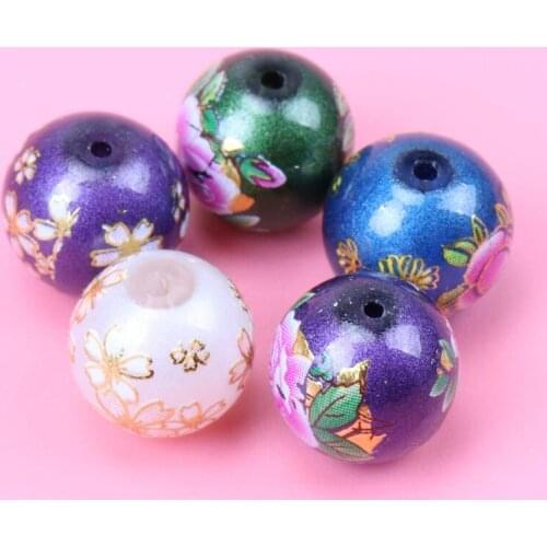 5pcs 12mm Mix color Flower Printing Round Loose Beads Acrylic Spacer Beads For Jewelry Making Wholesale