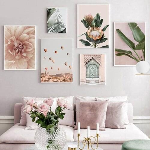 Morocco Arab Architecture Islamic Poster Landscape Canvas Print Protea Flower Balloon Wall Art Painting Botanical Picture Decor