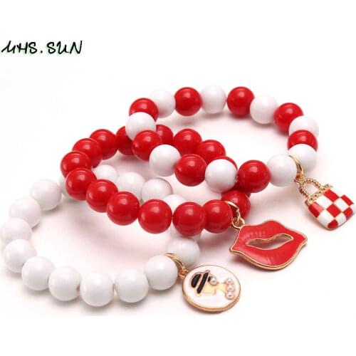 MHS.SUN 3PCS Baby Cute Bracelet DIY Girls Jewelry With Lips/Bag Pendant Bangle Elastic Round Beaded Bracelet For Party Gift