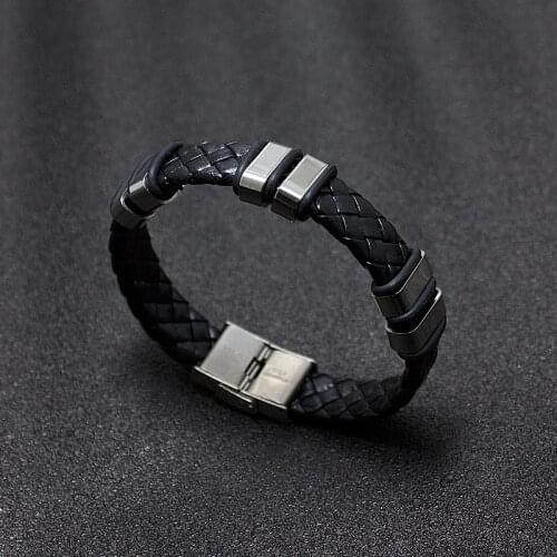 Fashion Stainless Steel Charm Black Men Bracelet Leather Braided Punk Rock Bangles Jewelry Accessories Friend