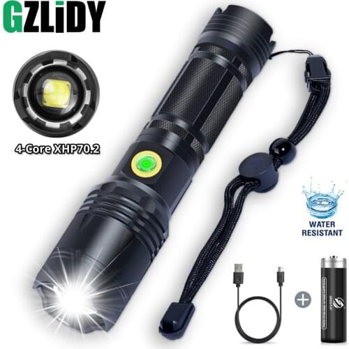 Powerful XHP70.2 LED Flashlight USB Rechargeable 4-core Torch 5 Modes Zoomable 18650 Bicycle Light Waterproof Fishing Lantern