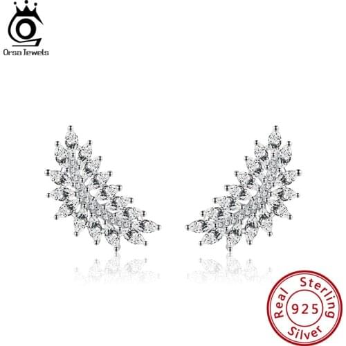 ORSA JEWELS New 925 Silver Zirconia Crystal Leaf Stud Earrings for Elegant Women Bridal Wedding Jewelry Accessories Gift SE339