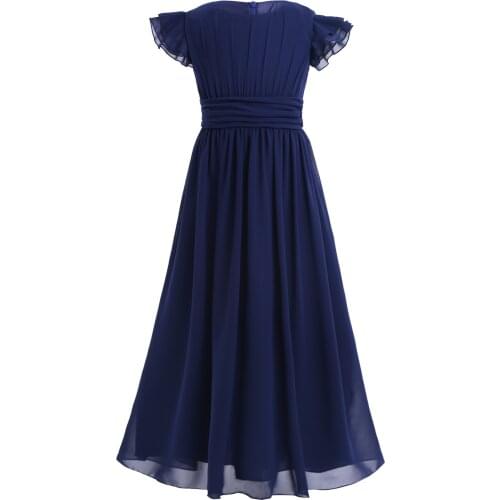 4-14Y Summer Flower Girls Chiffon Dress Flutter Sleeves Princess Dresses Pageant Wedding Bridesmaid Birthday Party Long Dress