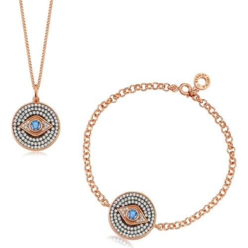 Valori Jewels Medallion Evil Eye, Zirconia White And Fancy Blue Gemstone, Rose Gold Plated, Sterling Silver Mini Set