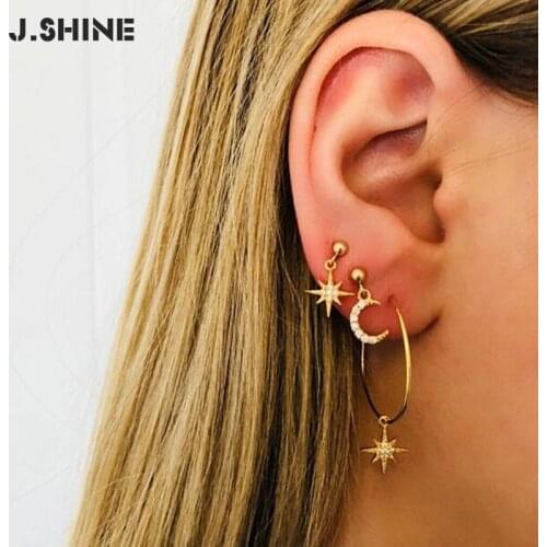 JShine 4Pcs/Set Bohemian Moon Star Rhinestone Stud Earrings Set for Women Antique Gold Stack Earring Fashion Jewelry Accessories