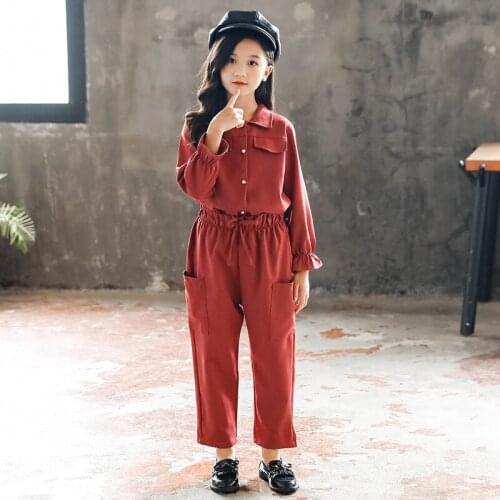 Spring Autumn Teen Girls Clothing 2 Piece Sets Lantern Sleeve Loose Shirts+High Waist Drawstring Trousers Teenage Outfit 4-13T