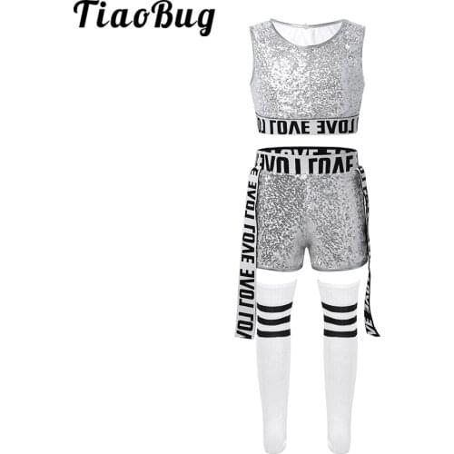 Kids Girls Sparkly Glitter Ballet Dance Costume Ballerina Rhythmic Gymnastics Leotard Children Jazz Hip Hop Crop Top and Shorts