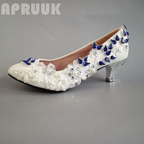 5CM middle heel pumps shoes woman white lace royal blue crystal rhinestones luxury handmade wedding shoes bride bridal shoes