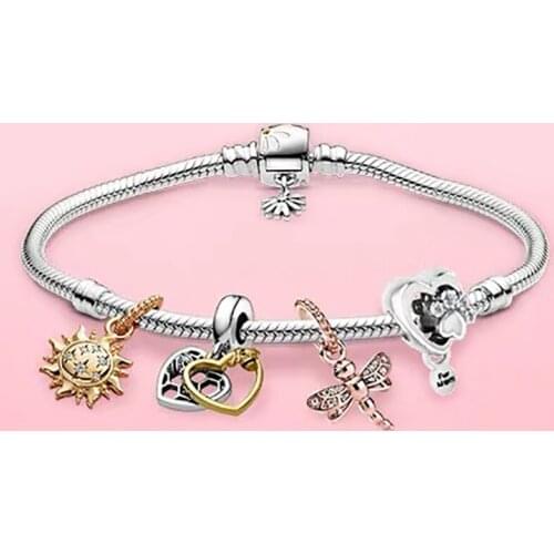 100%925 sterling silver Spring Golden heart bee sun smile flying hollow out high quality fashion Pandora bracelet