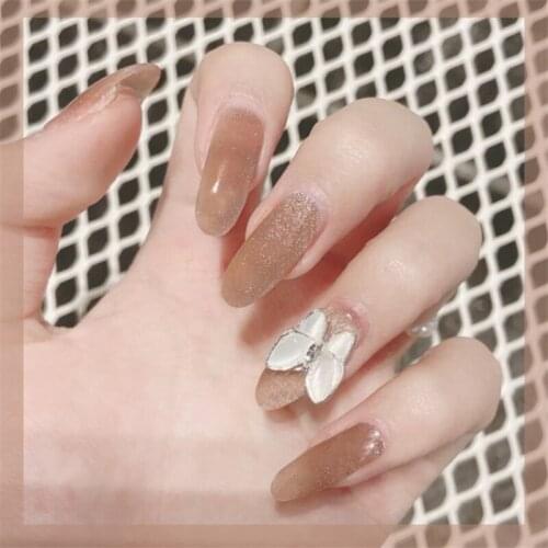 Pearly milk tea pure color with sliver bufferfly 3d decorated false nails 24pcs lady full nail tips cute bride fake nails art