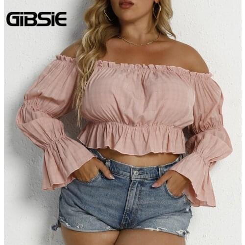 GIBSIE Plus Size Off Shoulder Ruffle Trim Plaid Crop Blouse Women Boho Casual Autumn Long Sleeve Sweet Ladies Tops and Blouses
