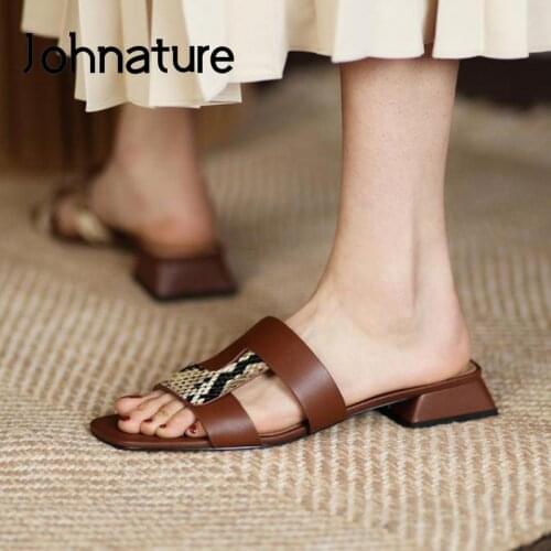 Johnature Genuine Leather Summer Shoes Women Slippers 2021 New Outside Slides Leisure Sewing Handmade Retro Beach Slippers