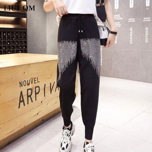2020 New Summer Pants Women Heavy Industry Hot Drill Casual Loose Sports Pants Women Harajuku Hole Ice Silk Knitted Pant Female