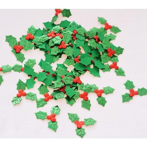 100Pcs Glitter Green Holly Leaf and Red Berry Cloth Applique For Christmas Decoration Table Decoration Stick-on Accessories