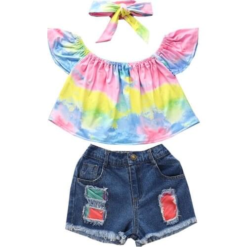 Pudcoco 1-6T 3Pcs Baby Girls Off-the-Shoulder Tie Dye O-Neck Vest Tops+Ripped Shorts Denim Hole Jeans Pants+Headband Clothes Set