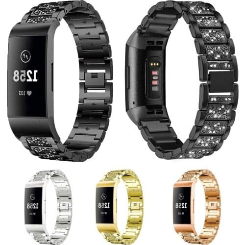 Bling Diamond Stainless Steel Strap Watch Band For Fitbit Charge 3 Metal Bracelet Adjustable Strap Link Watch Accessories