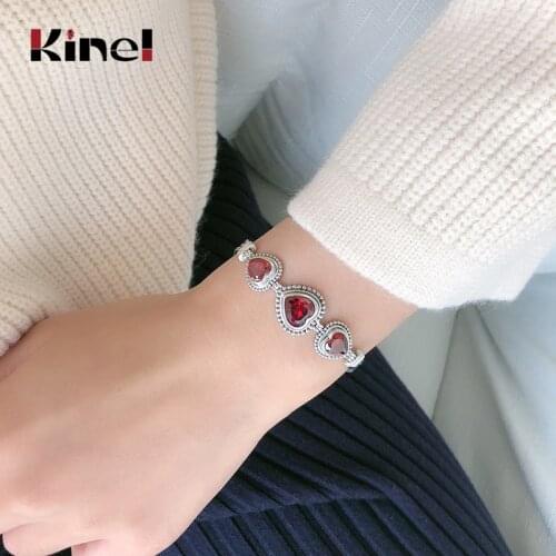 Kinel Silver 925 Jewelry Red Zircon Love Heart Bracelet For Women Heavy Industry Retro Make Old Design Wedding Accessories