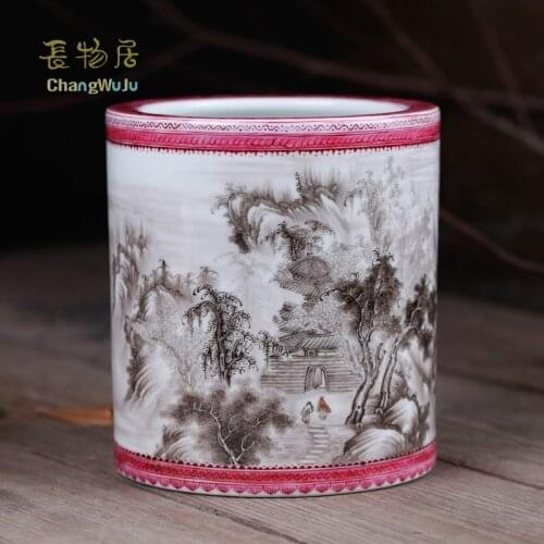 Changwuju jingdezhen home decoration Handmade artwork brush pot painted by the master for furnishing, decorating and collecting