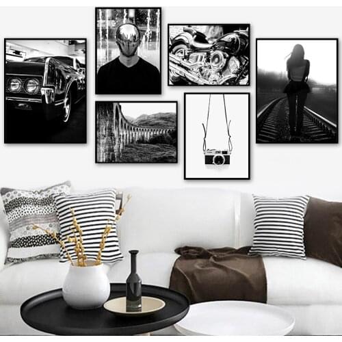 Black White Car Scooter Bridge Landscape Wall Art Canvas Painting Nordic Posters And Prints Wall Pictures For Living Room Decor