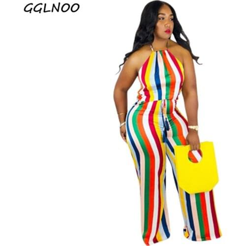 GGLNOO Sexy Suspenders Colorful Striped One Pieces Rompers Women Print Striped Playsuit Skinny Bodycon Jumpsuit