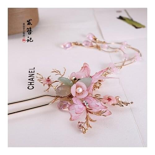 Handmade Kanzashi Classical Pink Butterfly Stone Hair Clip Tassel Hair Pin Headwear Women Hanfu Cheongsam Accessory COSPLAY
