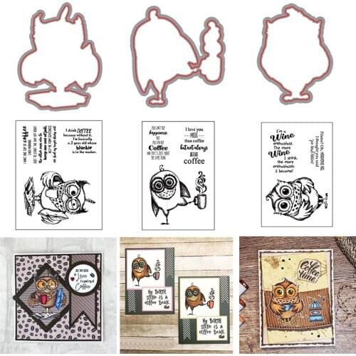 Coffeeholic Owls Metal Cutting Dies with Coordinating Clear Stamps Love Words I Love You DIY Craft Cards Making Template 2021