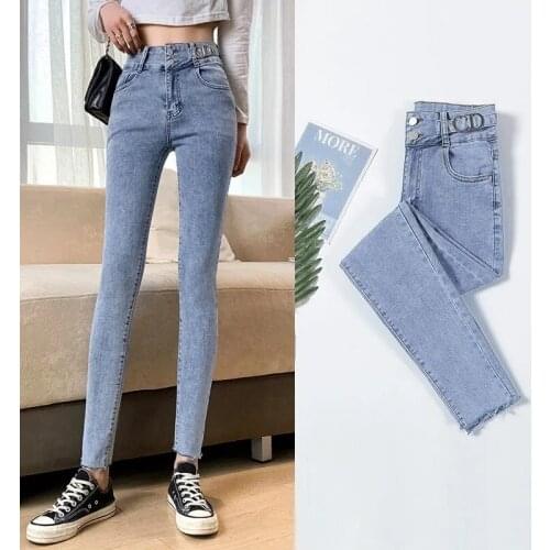 Fashion High-waist Women Jeans 2021 New Letter Metal Sheets Denim Stretch Skinny Pencil Pants Casual Trousers Female Blue Black