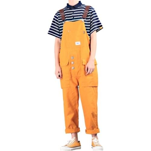 Mens Overalls 2021 Mens Straight Casual Bib Pants Workwear Japanese Vintage Retro Multi-Pocket Jumpsuit Yellow Trousers S-5XL