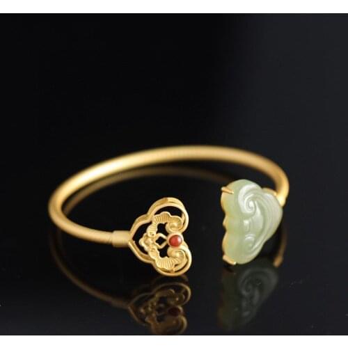 Hetian Jade Bracelet Female Duck Egg Ruyi Ancient Style Open Jade Bracelets Silver Gilding for Teachers Mother Gift Jewelry