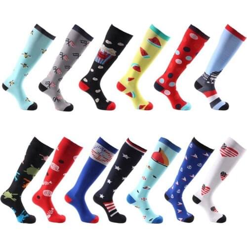 Compression Socks Men Women Nylon Cartoon Cute Outdoor Sports High Long Tube Running Socks Happy Colorful Marathon Unisex Funny