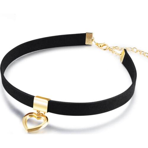 1pc Gothic Choker Necklace Gold Color Heart Pendant Smooth Black Flannel Collar Girls Fashion Jewelry for Women