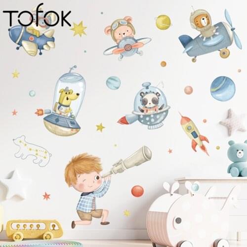 Tofok PVC Animal Aircraft Sky Stars Astronaut Childrens Room Decoration DIY Wall Stickers Nursery Dorm Cartoon Mural Decals