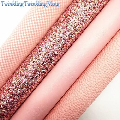 PINK Glitter Fabric, Litchi Faux Fabric, Plaids Synthetic Leather Fabric Sheets For Bow A4 21x29CM Twinkling Ming XM698