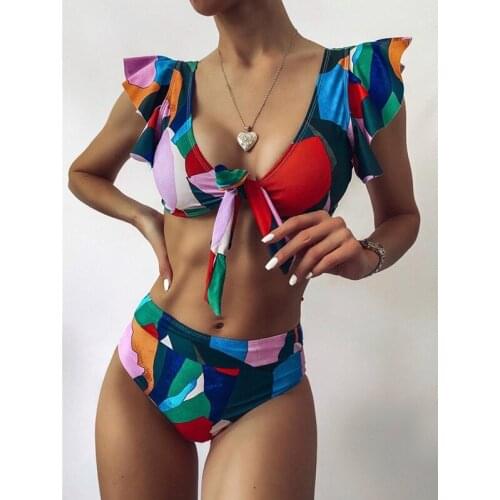 Sexy Ruffle Bikini Geometry Print Swimsuit Women High Waist Swimwear Women Vintage Beach Wear Bathers