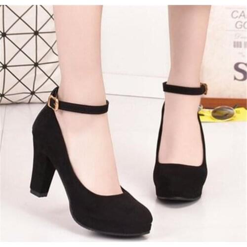Spring Women Pumps Flock Sweet Thick High Heels Ankle Strap Female Platform Classic Round Toe Dress Cute Shoes Ladies Footwear