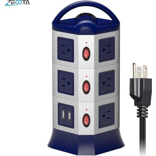 Vertical Power Strip Tower Surge Protector USB Extension Socket US Electric Plug Outlets Separately Switch 1.8m Retractable Cord