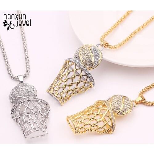 Hip Hop 3D Basketball Hook Pendants & Necklaces Gold Sports Iced Out Rhinestone Chain Necklace for Women Men Drop Shipping