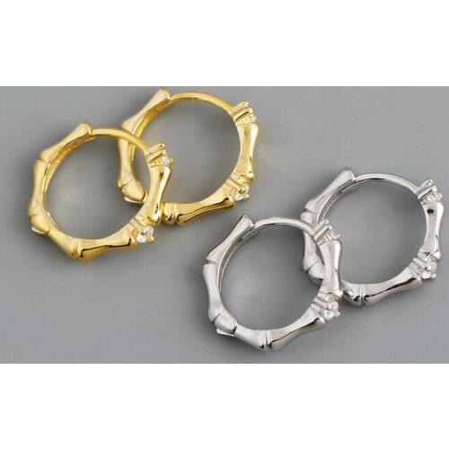 Enosola Real 925 Sterling Silver Fashion Gothic Zircon Bamboo Ear Buckle for Women Chic Charming Korean Huggie Earrings Jewelry